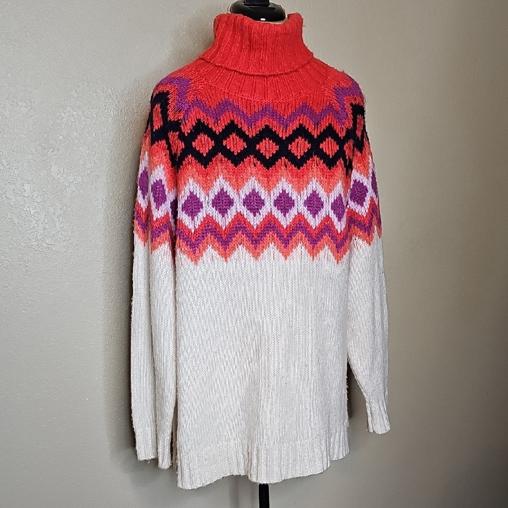 Aerie Vibrant Coral Fairisle Patterned Oversized Turtleneck Sweater‎ Large